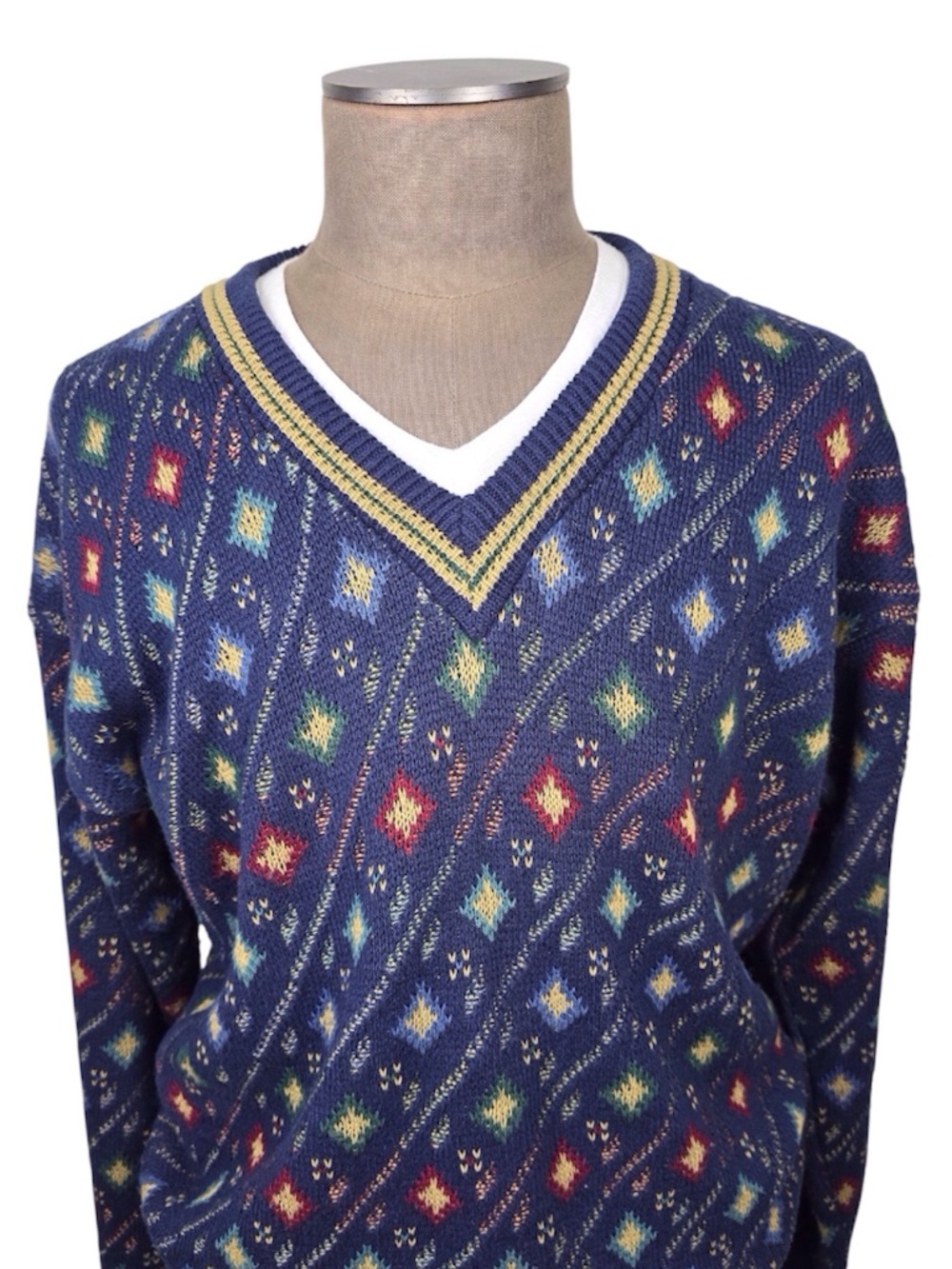VTG 90s Bill Blass Hand Framed Geometric Knit V-Neck Sweater Navy Blue XLT